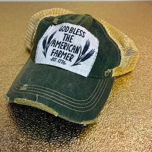 Distressed, hunter, green with handmade patch “God bless the American farmer”